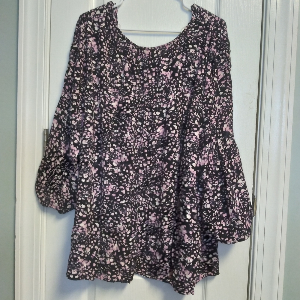 Terra & Sky Black & Pink Blouse Balloon Sleeve Peasant Cottage Core Feminine